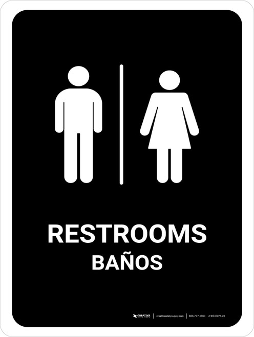 Restrooms Black Bilingual Spanish Portrait - Wall Sign