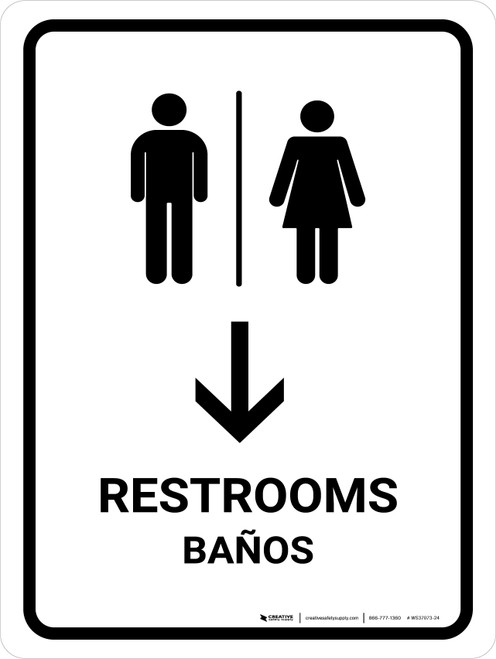 Restrooms With Down Arrow White Bilingual Spanish Portrait - Wall Sign