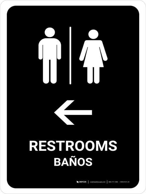 Restrooms With Left Arrow Black Bilingual Spanish Portrait - Wall Sign