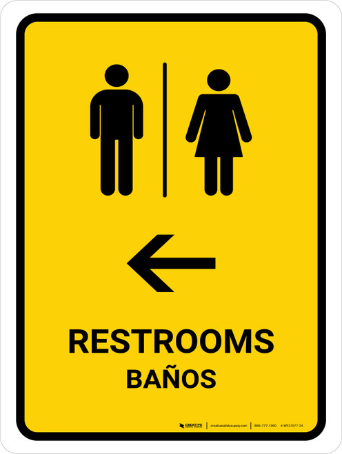 Restrooms With Left Arrow Yellow Bilingual Spanish Portrait - Wall Sign