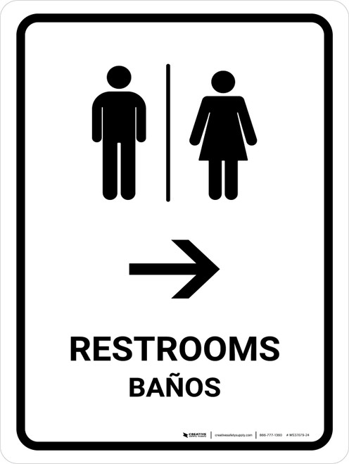 Restrooms With Right Arrow White Bilingual Portrait - Wall Sign