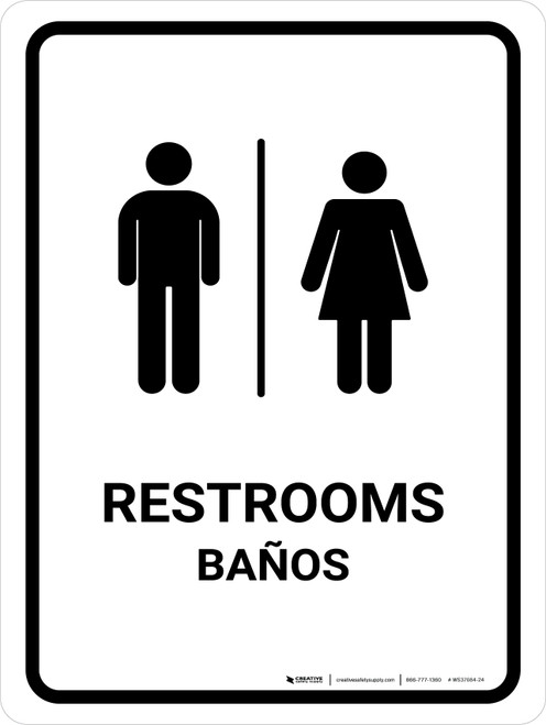 Restrooms White Bilingual Portrait - Wall Sign