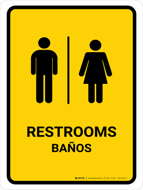 Restrooms Yellow Bilingual Spanish Portrait - Wall Sign