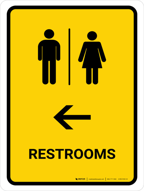 Restrooms With Left Arrow Yellow Portrait - Wall Sign