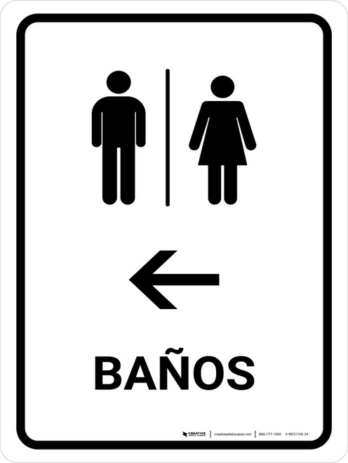 Restrooms With Left Arrow White Spanish Portrait - Wall Sign