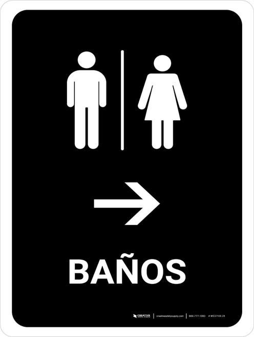 Restrooms With Right Arrow Black Spanish Portrait - Wall Sign