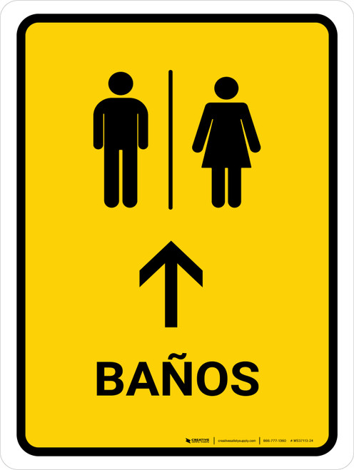 Restrooms With Up Arrow Yellow Spanish Portrait - Wall Sign