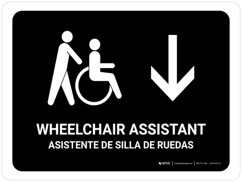 Wheelchair Assistant With Down Arrow Black Bilingual Spanish Landscape - Wall Sign
