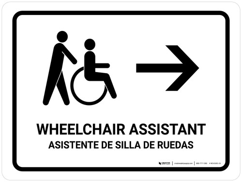 Wheelchair Assistant With Right Arrow White Bilingual Spanish Landscape - Wall Sign