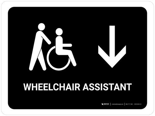 Wheelchair Assistant With Down Arrow Black Landscape - Wall Sign