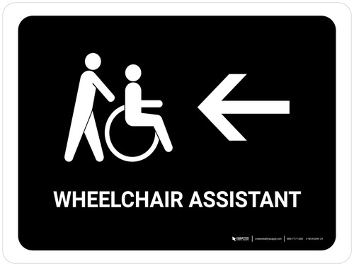 Wheelchair Assistant With Left Arrow Black Landscape - Wall Sign