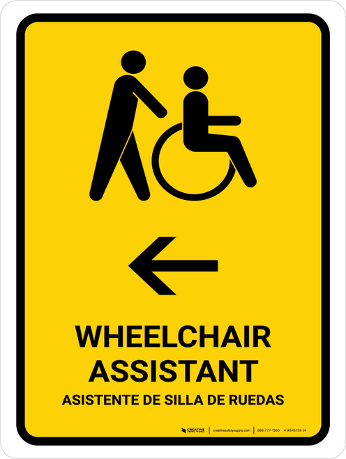 Wheelchair Assistant With Left Arrow Yellow Bilingual Spanish Portrait - Wall Sign