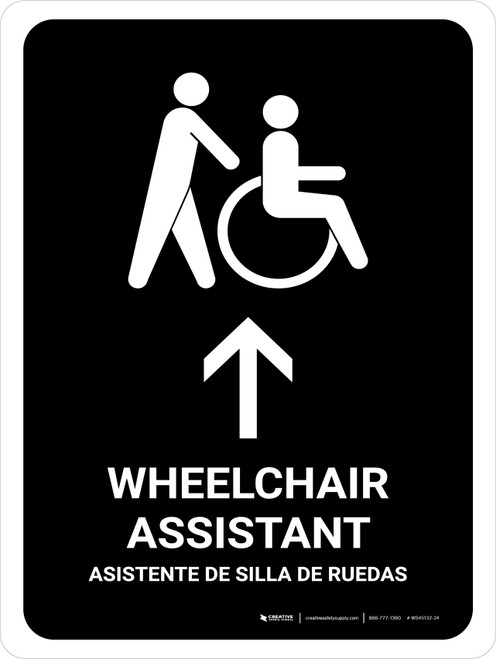 Wheelchair Assistant With Up Arrow Black Bilingual Spanish Portrait - Wall Sign