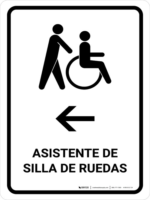Wheelchair Assistant With Left Arrow White Spanish Portrait - Wall Sign