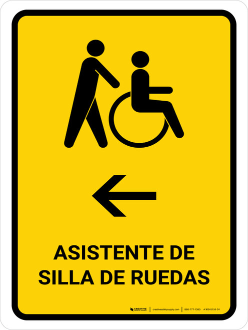 Wheelchair Assistant With Left Arrow Yellow Spanish Portrait - Wall Sign