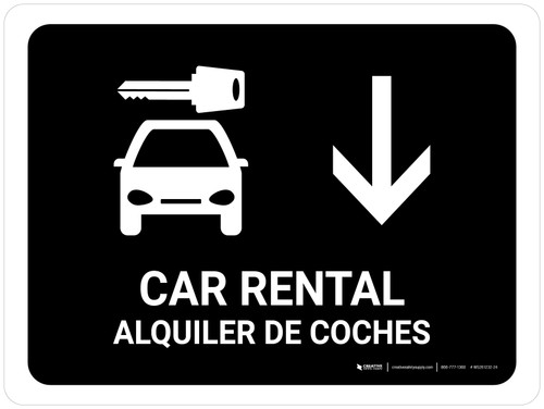 Car Rental With Down Arrow Black Bilingual Spanish Landscape - Wall Sign
