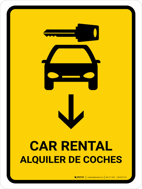 Car Rental With Down Arrow Yellow Bilingual Spanish Portrait - Wall Sign