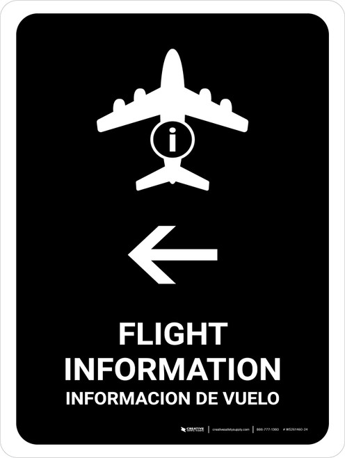 Flight Information With Left Arrow Black Bilingual Spanish Portrait - Wall Sign