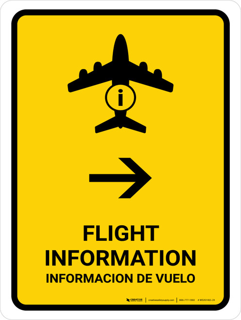 Flight Information With Right Arrow Yellow Bilingual Spanish Portrait - Wall Sign