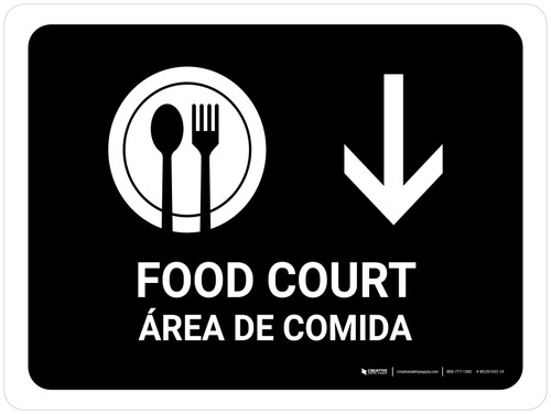 Food Court With Down Arrow Black Bilingual Spanish Landscape - Wall Sign