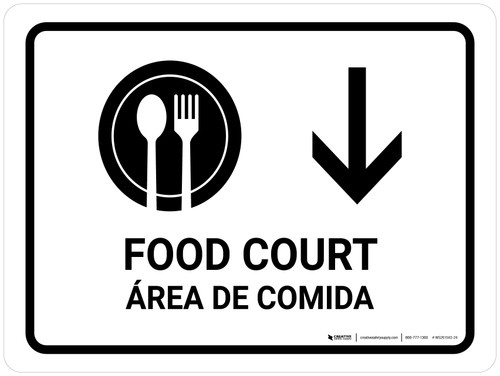 Food Court With Down Arrow White Bilingual Spanish Landscape - Wall Sign