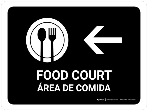 Food Court With Left Arrow Black Bilingual Spanish Landscape - Wall Sign