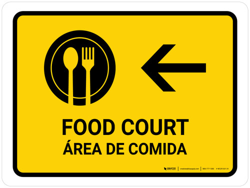 Food Court With Left Arrow Yellow Bilingual Spanish Landscape - Wall Sign