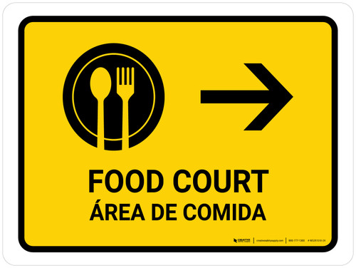 Food Court With Right Arrow Yellow Bilingual Spanish Landscape - Wall Sign