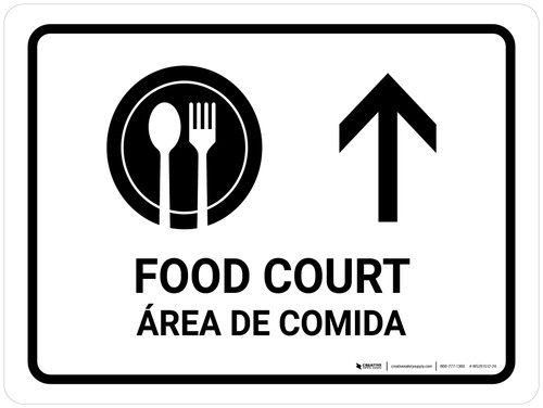 Food Court With Up Arrow White Bilingual Spanish Landscape - Wall Sign