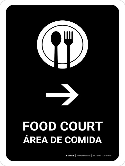 Food Court With Right Arrow Black Bilingual Spanish Portrait - Wall Sign