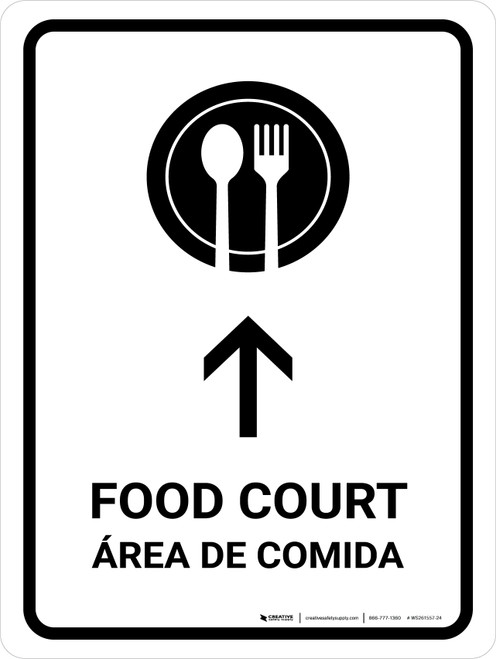 Food Court With Up Arrow White Bilingual Spanish Portrait - Wall Sign
