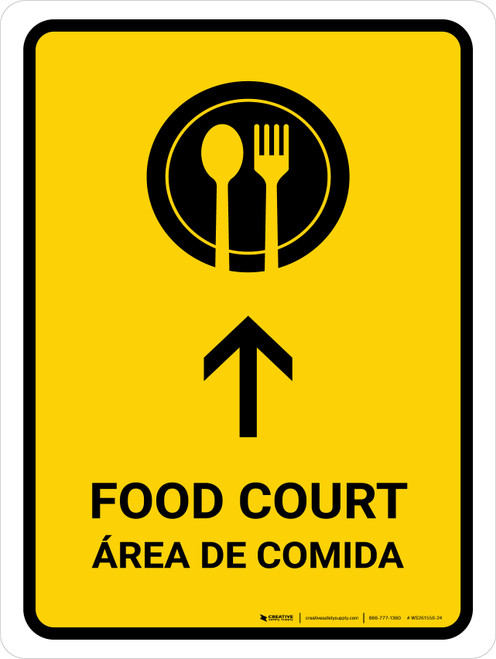 Food Court With Up Arrow Yellow Bilingual Spanish Portrait - Wall Sign
