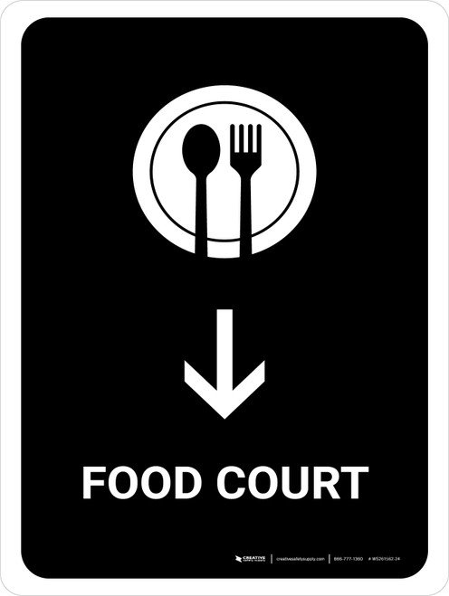 Food Court With Down Arrow Black Portrait - Wall Sign