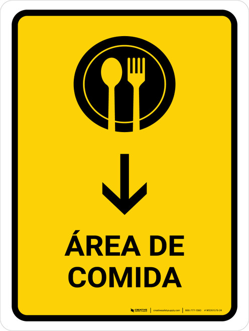Food Court With Down Arrow Yellow Spanish Portrait - Wall Sign