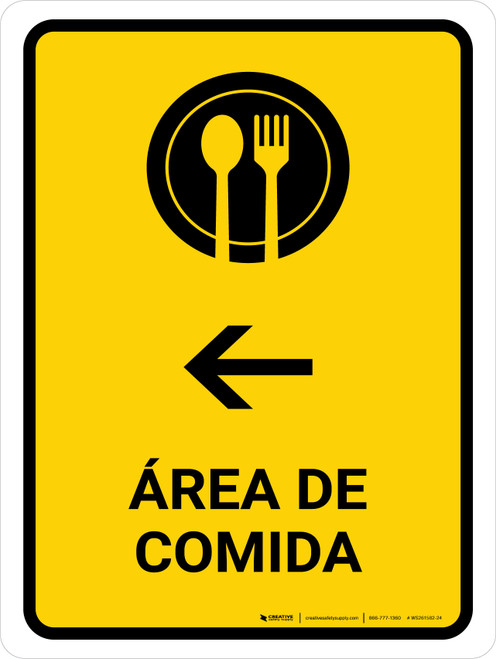 Food Court With Left Arrow Yellow Spanish Portrait - Wall Sign