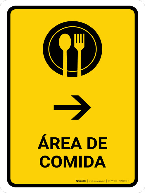 Food Court With Right Arrow Yellow Spanish Portrait - Wall Sign