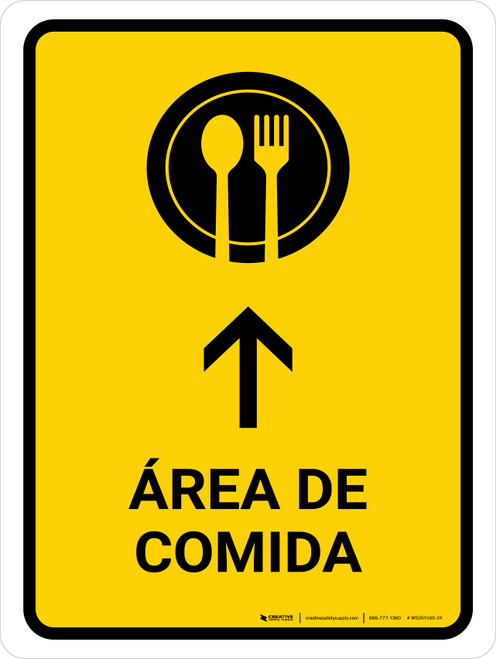 Food Court With Up Arrow Yellow Spanish Portrait - Wall Sign