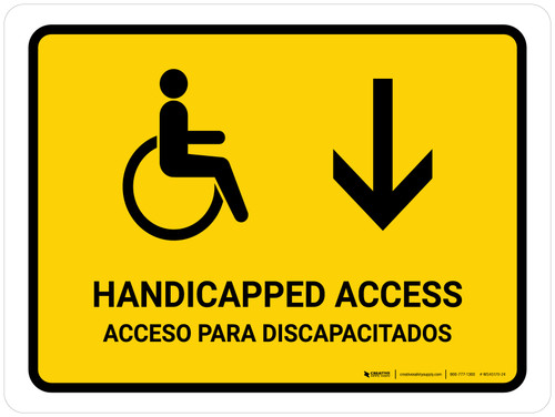 Handicapped Access With Down Arrow Yellow Bilingual Landscape - Wall Sign