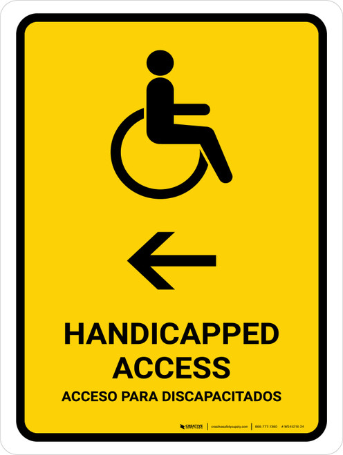 Handicapped Access With Left Arrow Yellow Bilingual Spanish Portrait - Wall Sign