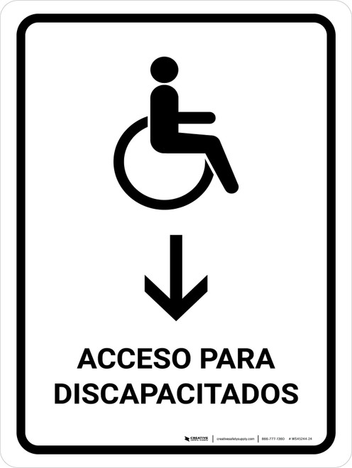 Handicapped Access With Down Arrow White Spanish Portrait - Wall Sign