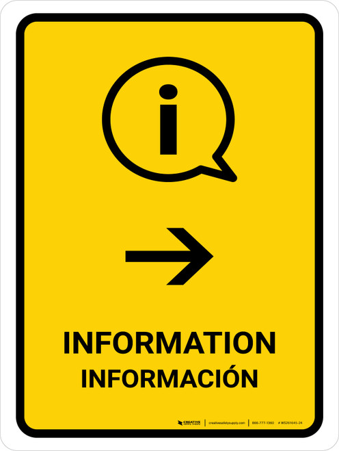 Information With Right Arrow Yellow Bilingual Spanish Portrait - Wall Sign