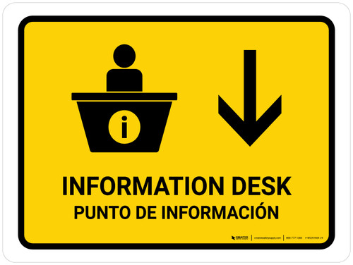 Information Desk With Down Arrow Yellow Bilingual Spanish Landscape - Wall Sign