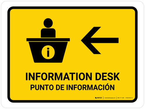 Information Desk With Left Arrow Yellow Bilingual Spanish Landscape - Wall Sign