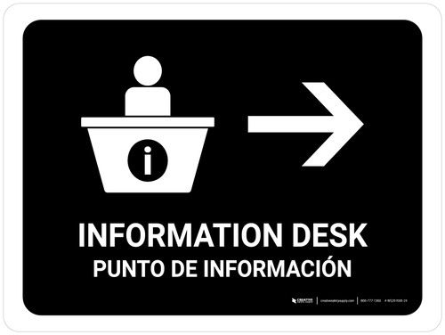 Information Desk With Right Arrow Black Bilingual Spanish Landscape - Wall Sign