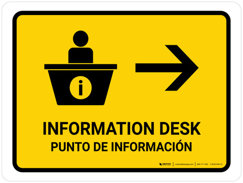 Information Desk With Right Arrow Yellow Bilingual Spanish Landscape - Wall Sign