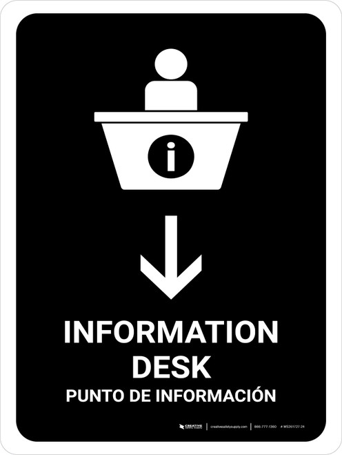 Information Desk With Down Arrow Black Bilingual Spanish Portrait - Wall Sign