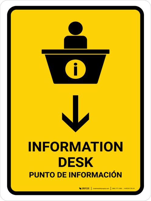 Information Desk With Down Arrow Yellow Bilingual Spanish Portrait - Wall Sign