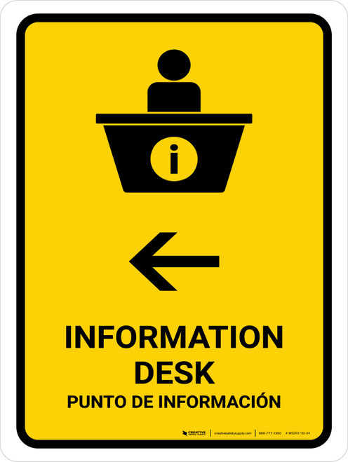 Information Desk With Left Arrow Yellow Bilingual Spanish Portrait - Wall Sign