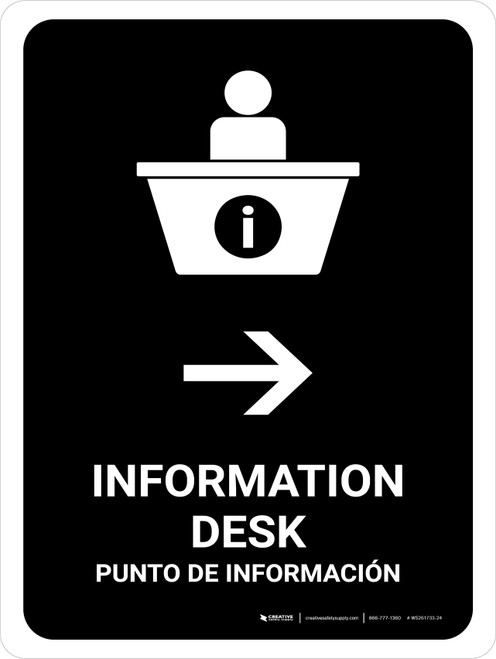 Information Desk With Right Arrow Black Bilingual Spanish Portrait - Wall Sign