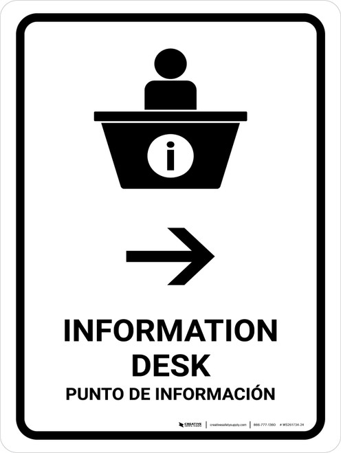 Information Desk With Right Arrow White Bilingual Spanish Portrait - Wall Sign